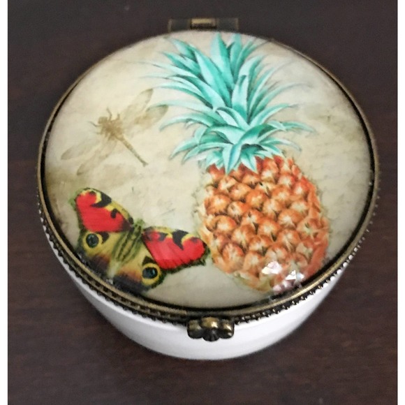 Pineapple & Butterfly Trinket Box, Ceramic and Glass, French Inspired, 2.5"Round - Picture 1 of 4